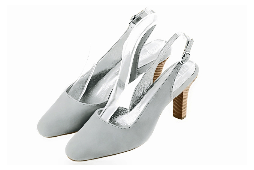 Dress slingback heels in pearl grey leather with kitten heels and round toe - Front view